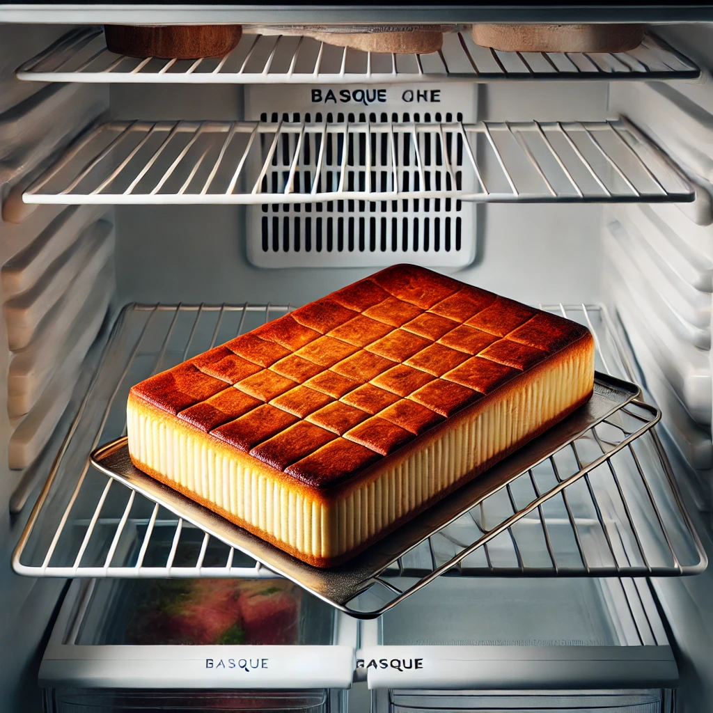DALL·E 2025-03-09 19.10.38 - A freshly baked rectangular Basque cheesecake with a rich golden-brown top, placed on a wire rack to cool, then moved inside a refrigerator for restin.png
