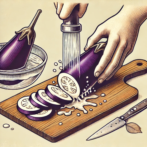 DALL·E 2025-03-18 20.41.51 - Step 2_ Preparing the eggplant. A fresh eggplant is being washed under running water. Then, it is sliced diagonally into even pieces on a wooden cutti.png