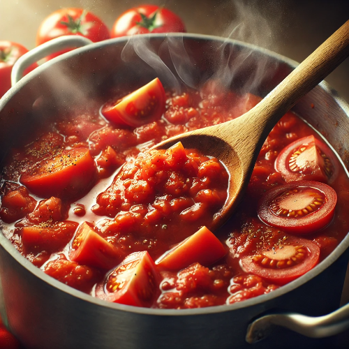 DALL·E 2025-03-12 00.05.28 - A realistic close-up of a deep pot with chopped tomatoes and tomato sauce being added and stirred with a wooden spoon. The mixture is starting to blen.png