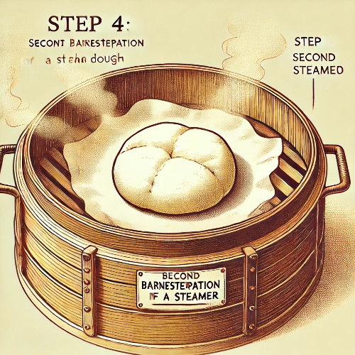DALL·E 2025-03-17 23.17.15 - Step 4_ The second fermentation of the dough inside a steamer. The steamer is lined with parchment paper, and the dough is rising slightly before bein.png