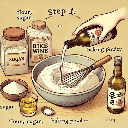 DALL·E 2025-03-17 23.13.31 - Step 1_ Mixing flour, sugar, salt, and baking powder in a large bowl. A hand is stirring the ingredients with a whisk, and a bottle of rice wine (makg.png