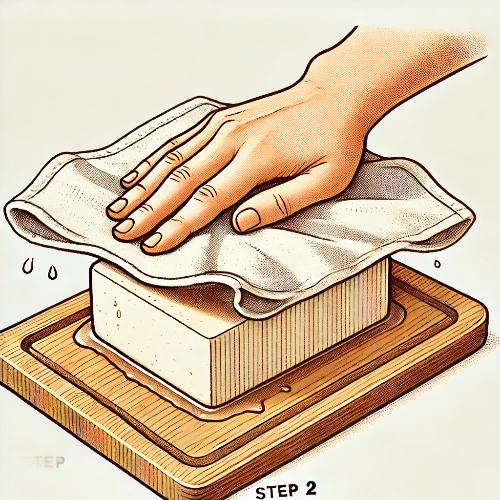DALL·E 2025-03-19 21.11.36 - Step 2 of making tofu steak in a vintage-style illustration. The tofu block is being gently pressed with a clean towel or paper towel to remove excess.png