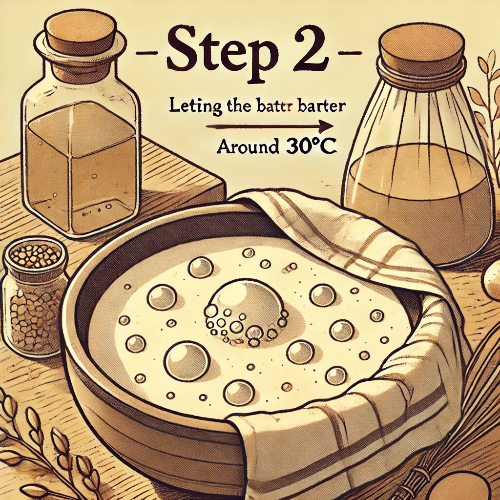 DALL·E 2025-03-17 23.13.37 - Step 2_ Letting the batter ferment in a warm place (around 30°C). The bowl is covered with a cloth, and bubbles are forming on the surface, showing th.png