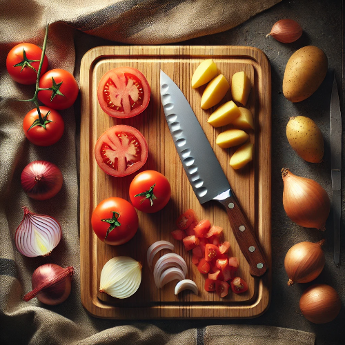 DALL·E 2025-03-12 00.03.55 - A top-down view of a wooden cutting board with a kitchen knife, freshly chopped tomatoes, onions, and potatoes arranged naturally. The scene has a war.png
