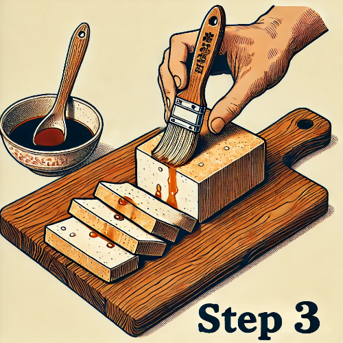 DALL·E 2025-03-19 21.11.48 - Step 3 of making tofu steak in a vintage-style illustration. The tofu block is being sliced into even pieces on a wooden cutting board. A brush is app.png