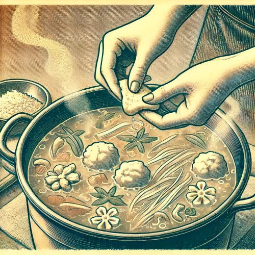 DALL·E 2025-03-29 00.01.24 - Vintage-style illustration of Step 3_ Adding sujebi dough to the broth. A person is tearing small pieces of rested dough by hand and dropping them int.png