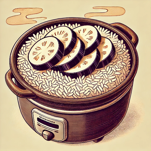 DALL·E 2025-03-18 20.42.00 - Step 3_ Cooking the rice with eggplant. A traditional pot or electric rice cooker is shown with soaked rice inside. The eggplant slices are diagonally.png