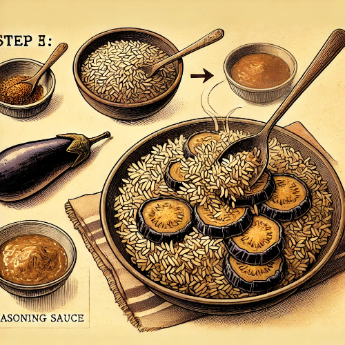 DALL·E 2025-03-18 20.43.05 - Step 5_ Mixing and serving the eggplant rice. The cooked rice with eggplant is in a bowl, and a spoon is gently mixing the soft eggplant with the rice.png
