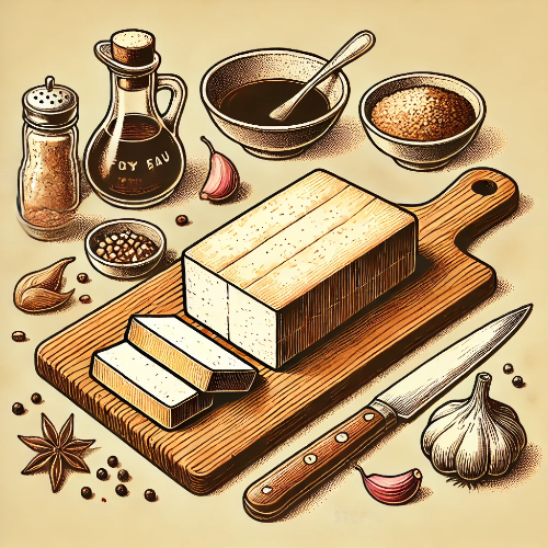 DALL·E 2025-03-19 21.11.31 - Step 1 of making tofu steak in a vintage-style illustration. A block of firm tofu is placed on a wooden cutting board with a knife beside it. Ingredie.png
