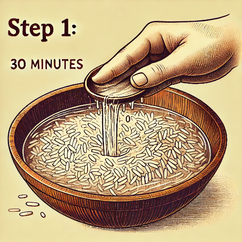 DALL·E 2025-03-18 20.38.59 - Step 1_ Soaking rice. A bowl of rice is being rinsed with water, and then left to soak for 30 minutes. The water appears slightly cloudy. The illustra.png