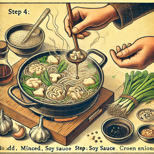 DALL·E 2025-03-29 00.01.31 - Vintage-style illustration of Step 4_ Final seasoning for sujebi. A person is adding minced garlic, soy sauce, and chopped green onions into the steam.png