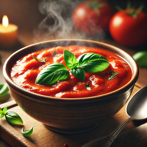DALL·E 2025-03-12 00.06.10 - A realistic close-up of a bowl of freshly cooked tomato stew, garnished with fresh basil leaves. The thick, rich stew is steaming, and a spoon is rest.png