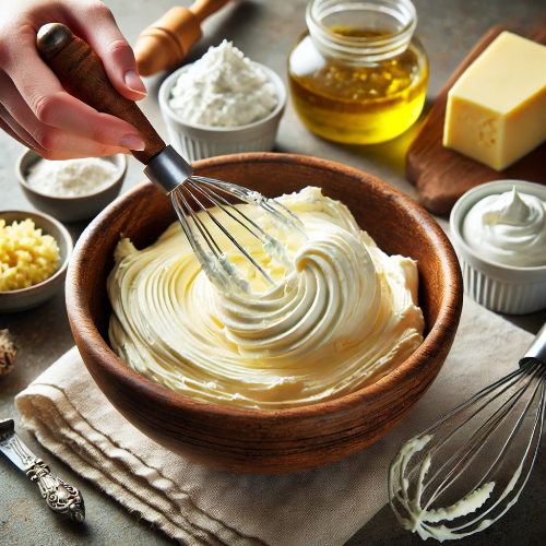 DALL·E 2025-03-09 18.26.19 - A bowl with softened cream cheese being mixed until smooth.png