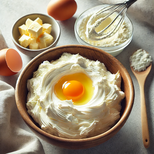 DALL·E 2025-03-09 18.26.22 - A bowl of cream cheese mixture with an egg being added and mixed.png