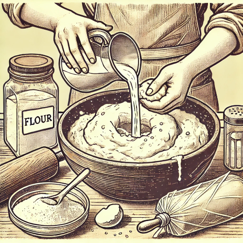 DALL·E 2025-03-26 22.49.06 - Vintage-style illustration of Step 1_ Making sujebi dough. A large mixing bowl with flour and salt, a person pouring water in while kneading the dough.png