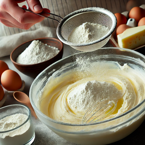 DALL·E 2025-03-09 18.26.26 - A bowl of cream cheese mixture with cake flour being sifted in and mixed.png