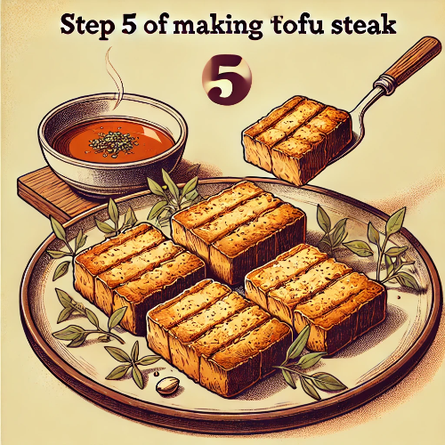 DALL·E 2025-03-19 21.12.57 - Step 5 of making tofu steak in a vintage-style illustration. The crispy, golden-brown tofu steaks are neatly arranged on a plate. They are garnished w.png
