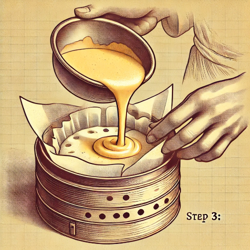 DALL·E 2025-03-17 23.21.22 - Step 3_ Preparing a steamer for the dough. The steamer is lined with parchment paper, with small holes carefully sealed to prevent the batter from lea.png
