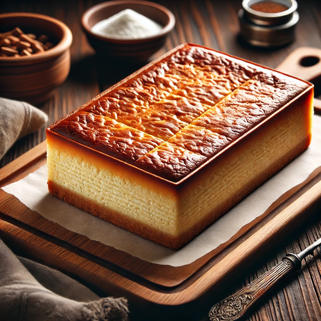 DALL·E 2025-03-09 18.26.47 - A perfectly baked rectangular Basque cheesecake with a rich golden-brown top, placed on a wooden cutting board, ready to be served, with no toppings.png