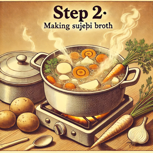 DALL·E 2025-03-29 00.01.17 - Vintage-style illustration of Step 2_ Making sujebi broth. A large pot filled with boiling water and vegetables like potatoes, carrots, and onions. St.png