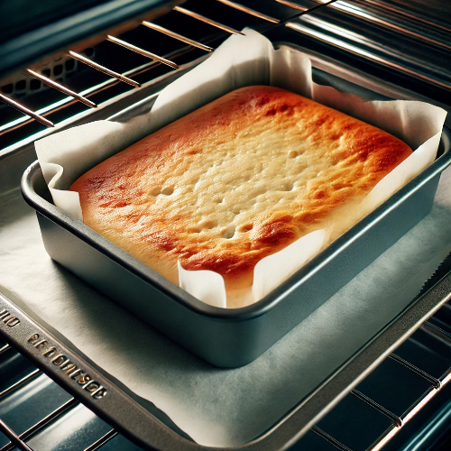 DALL·E 2025-03-09 19.08.51 - A smaller rectangular baking pan with cheesecake batter inside an oven, baking at 230 degrees Celsius, no toppings, with smooth and even edges.png