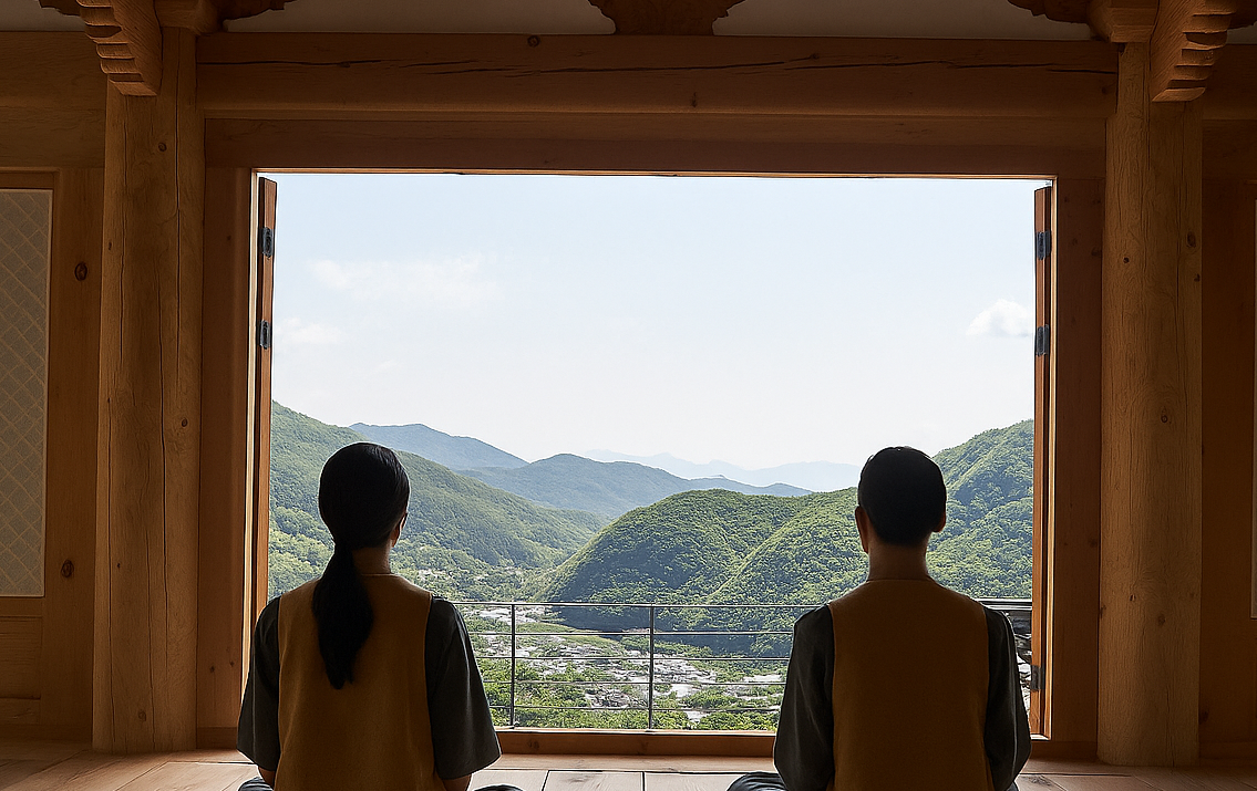 한국 전통 집에서 명상하는 두 사람 (1).png