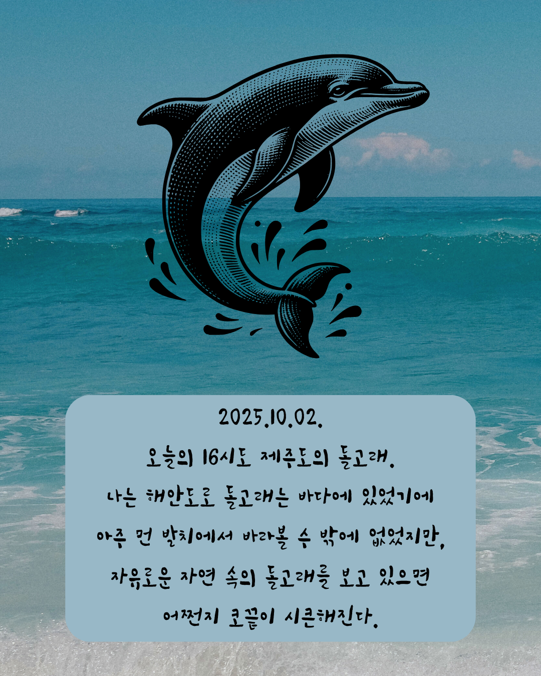 2025.10.02. 오늘의 16시도 돌고래. 나는 해안도로 돌고래는 바다에 있었기에 아주 먼 발치에서 바라볼 수 밖에 없었지만, 자유로운 자연 속의 돌고래를 보고 있으면 어쩐지 코끝이 시큰해진다..png