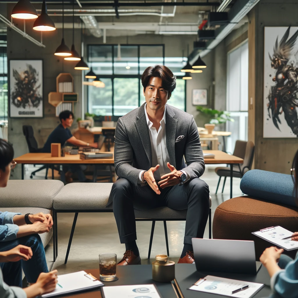 DALL·E 2023-11-29 14.57.34 - A Korean male in his 40s working in Management Support at a game company, portraying a professional yet casual image. He's dressed in smart casual att.png