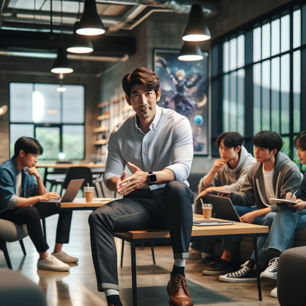 DALL·E 2023-11-29 14.59.53 - A Korean male in his 40s working in Management Support at a game company, portraying a professional yet casual image. He's dressed in smart casual att.png