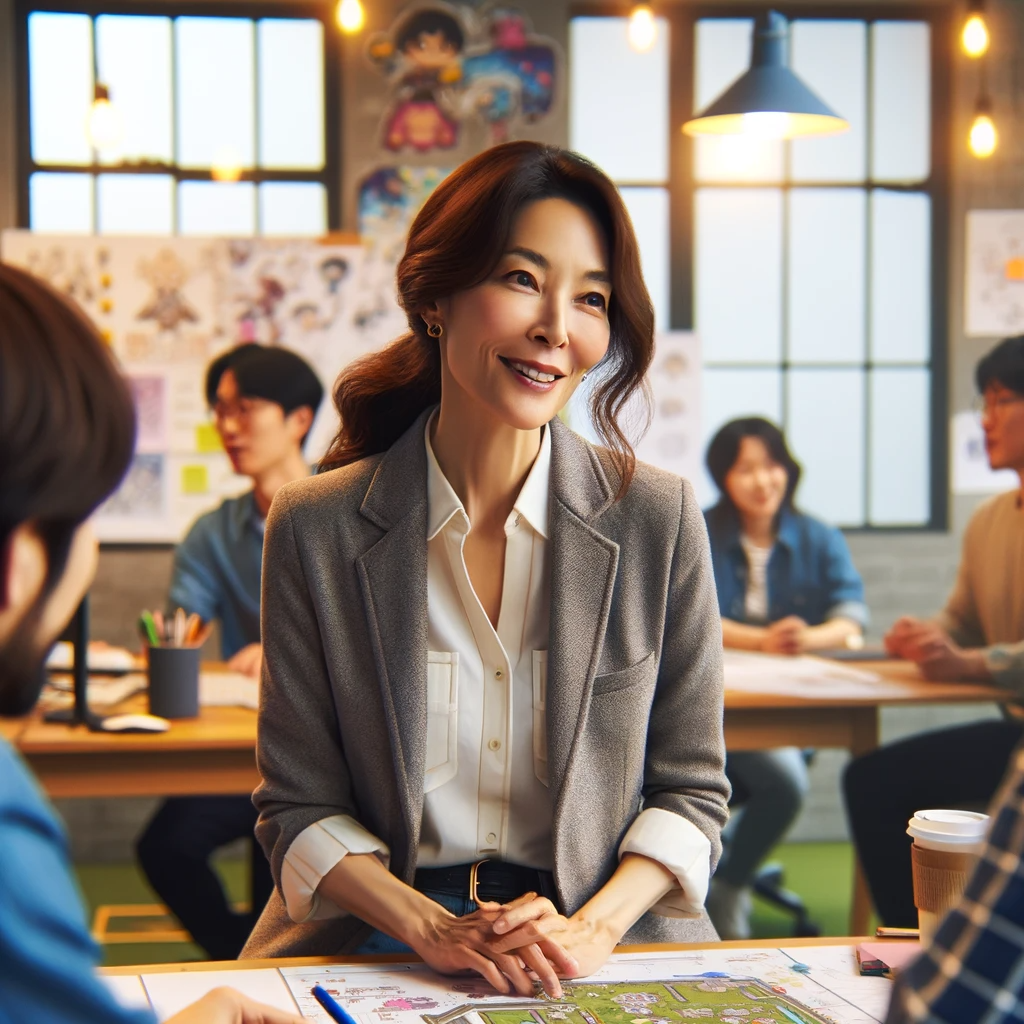 DALL·E 2023-11-29 15.02.09 - A Korean female Product Manager in her 40s, working at a game company. She is in a casual mood, dressed in smart but relaxed attire, embodying a profe.png