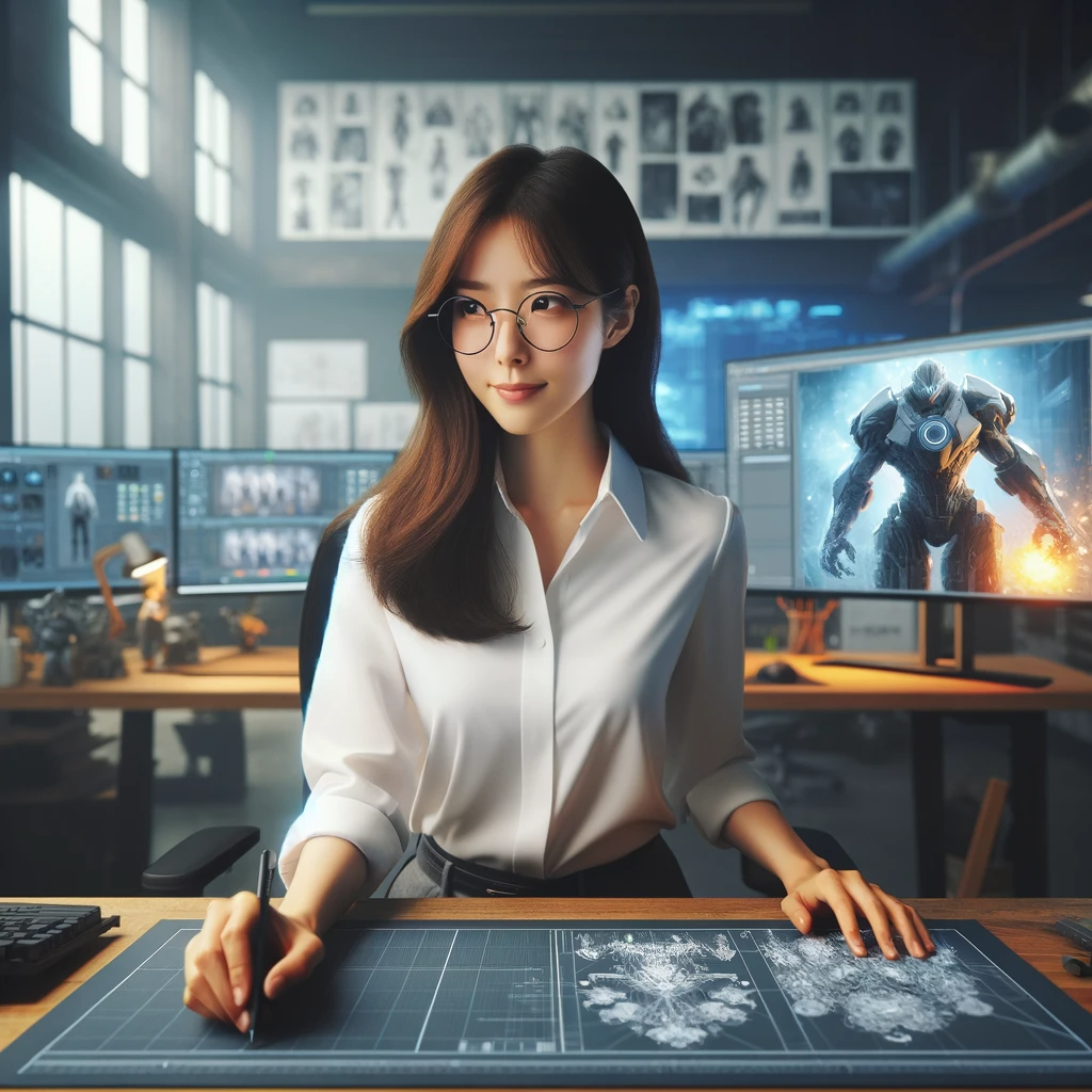 DALL·E 2023-11-29 14.50.48 - A Korean female 3D graphics designer in her 30s, working at a game company. She presents a professional image, wearing smart attire and glasses. She's.png