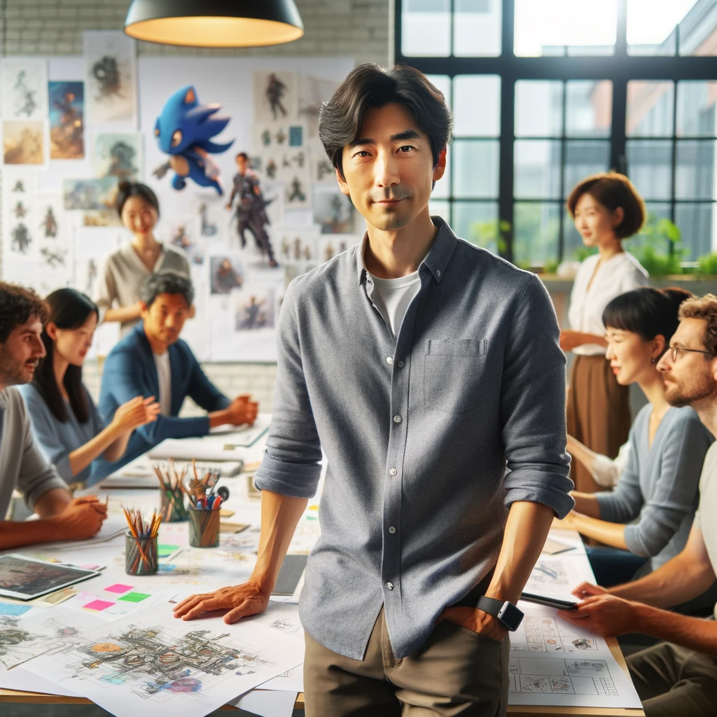 DALL·E 2023-11-29 14.52.08 - A Korean male game designer in his 40s, working at a game company. He has a professional appearance, dressed in smart casual attire. The scene shows h.png