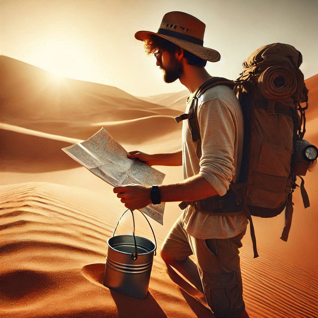 사막에서 물을 찾는 나그네의 이미지.png