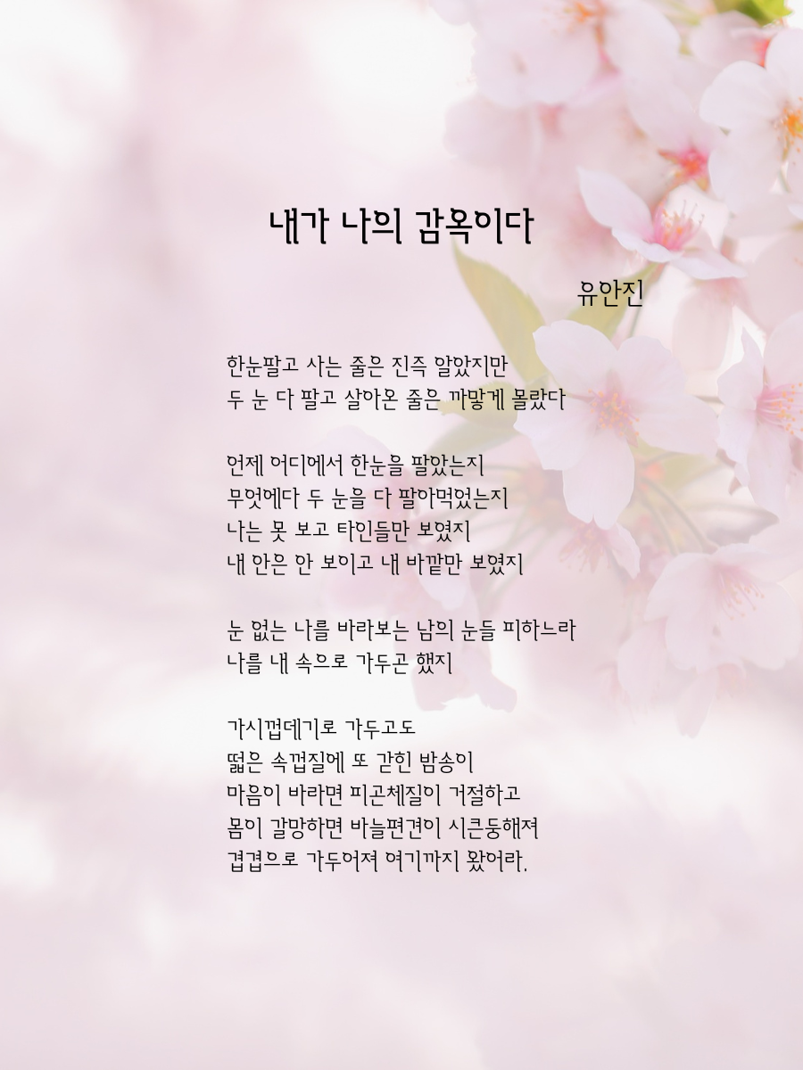 한눈팔고 사는 줄은 진즉 알았지만 두 눈 다 팔고 살아온 줄은 까맣게 몰랐다 언제 어디에서 한눈을 팔았는지 무엇에다 두 눈을 다 팔아먹었는지 나는 못 보고 타인들만 보였지 내 안은 안 보이고 내 바깥만 보였지 눈 없는 나를 바라보는 남의 눈들 피하느라 나를 내 속으로 가두곤 했지 가시껍데기로 가두고도 떫은 속껍질에 또 갇힌 밤송이 마음이 바라면 피곤.png