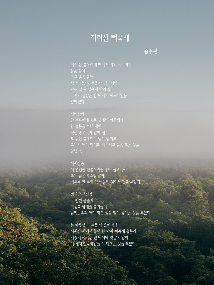 여러 산 봉우리에 여러 마리의 뻐꾸기가 울음 울어 떼로 울음 울어 석 석 삼년도 봄을 더 넘겨서야 나는 길 뜬 설움에 맛이 들고 그것이 실상은 한 마리의 뻐꾹새임을 알아냈다. 지리산하 한 봉우리에 숨은 실제의 뻐꾹새가 한 울음을 토해 내면 뒷산 봉우리가 받아 넘기고 또 뒷산 봉우리가 받아 넘기고 그래서 여러 마리의 뻐꾹새로 울음 우는 것을 알았다.  (1).png