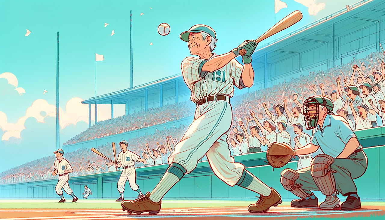 DALL·E 2024-01-24 12.06.24 - Create a 16_9 illustration of retired baseball players in action, drawn in a Japanese animation style with pastel colors. The image should capture a n.png