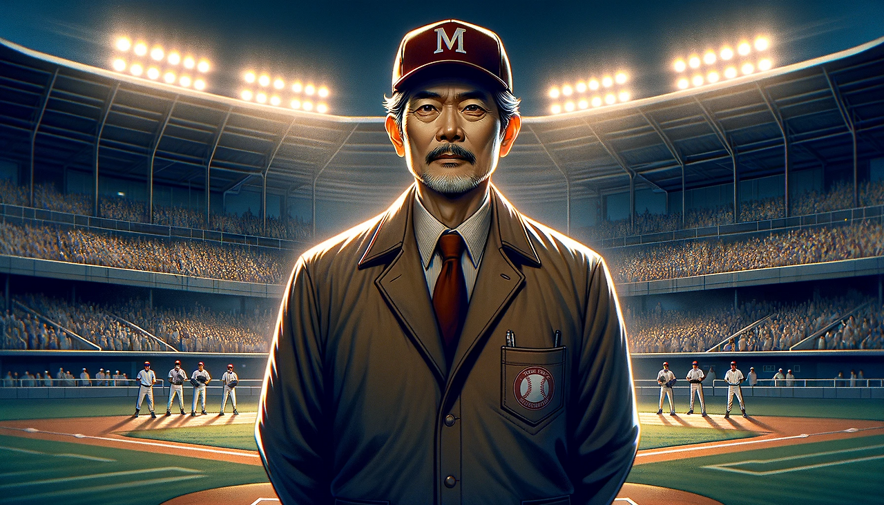DALL·E 2024-01-24 12.00.44 - Redraw the poster based on the first attached image with a 16_9 aspect ratio. The image should feature a dignified middle-aged man in a baseball coach.png