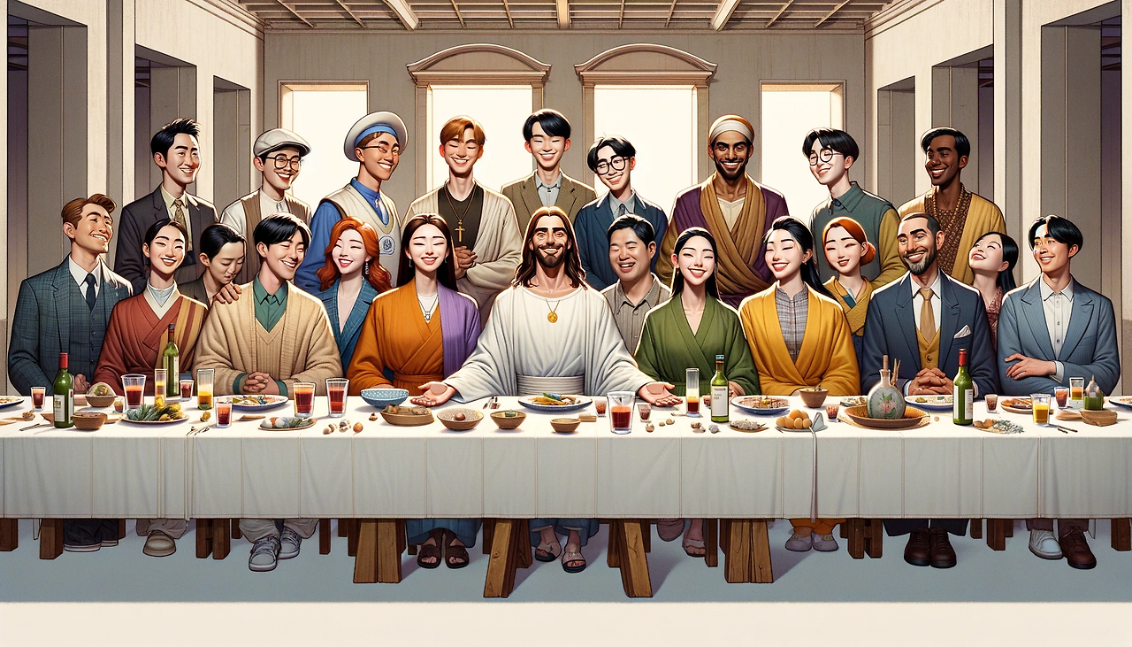 DALL·E 2024-01-29 12.04.14 - Transform the previously generated illustration of a modern interpretation of the Last Supper with 12 Korean individuals into a style resembling Pixar.png