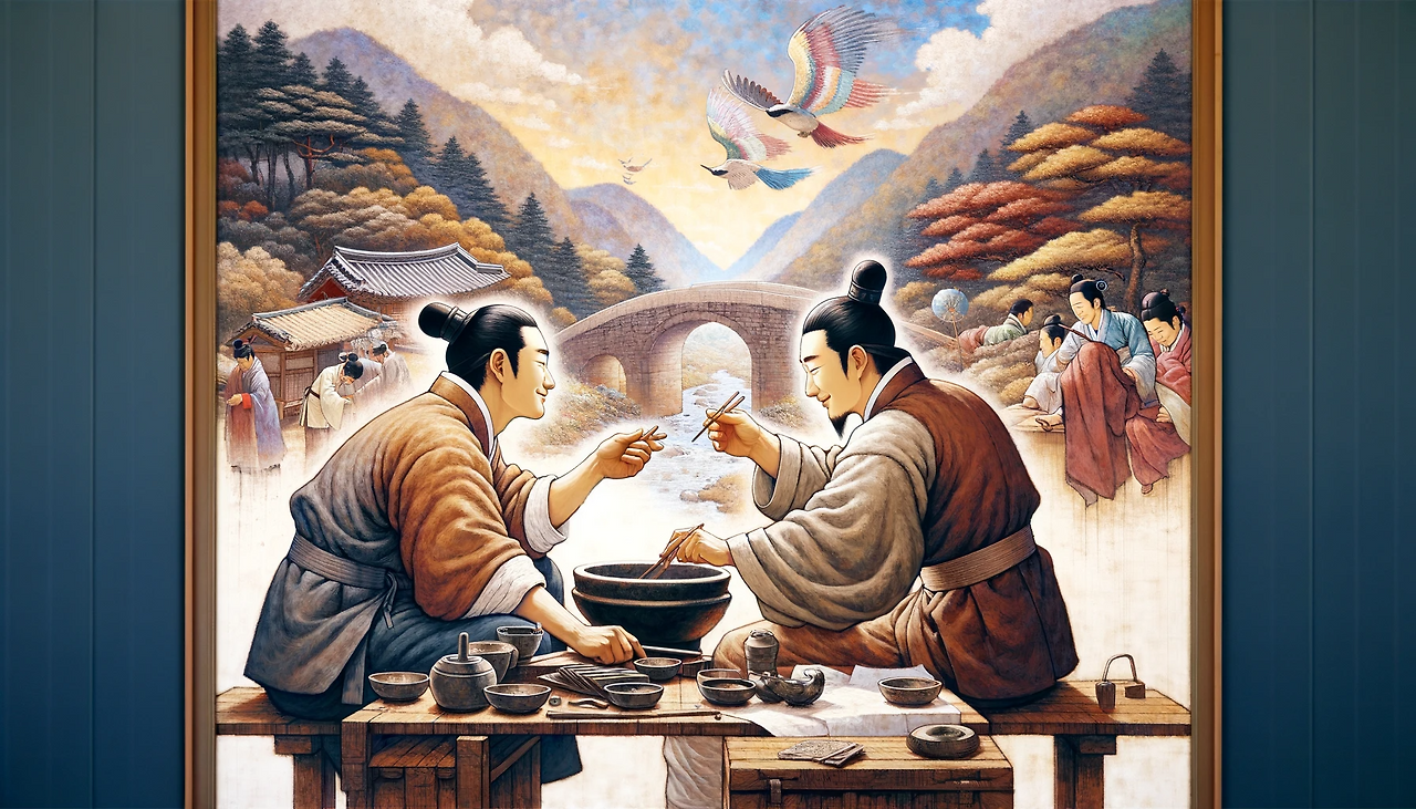 DALL·E 2023-12-17 16.33.47 - A painting in the style of Kim Hong-do, a renowned Korean artist, illustrating the theme of growing together with a friend. The scene should depict tw.png