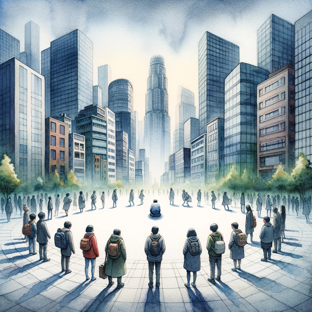 DALL·E 2024-02-02 10.04.58 - A square watercolor painting illustrating the negative impact of arrogance and contempt in a modern Korean urban environment. The scene depicts isolat.png