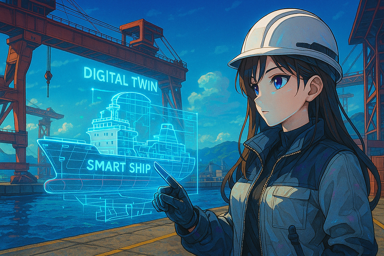 2 여성 엔지니어가 디지털트윈 홀로그램을 조작하며 스마트십을 점검하는 장면.png