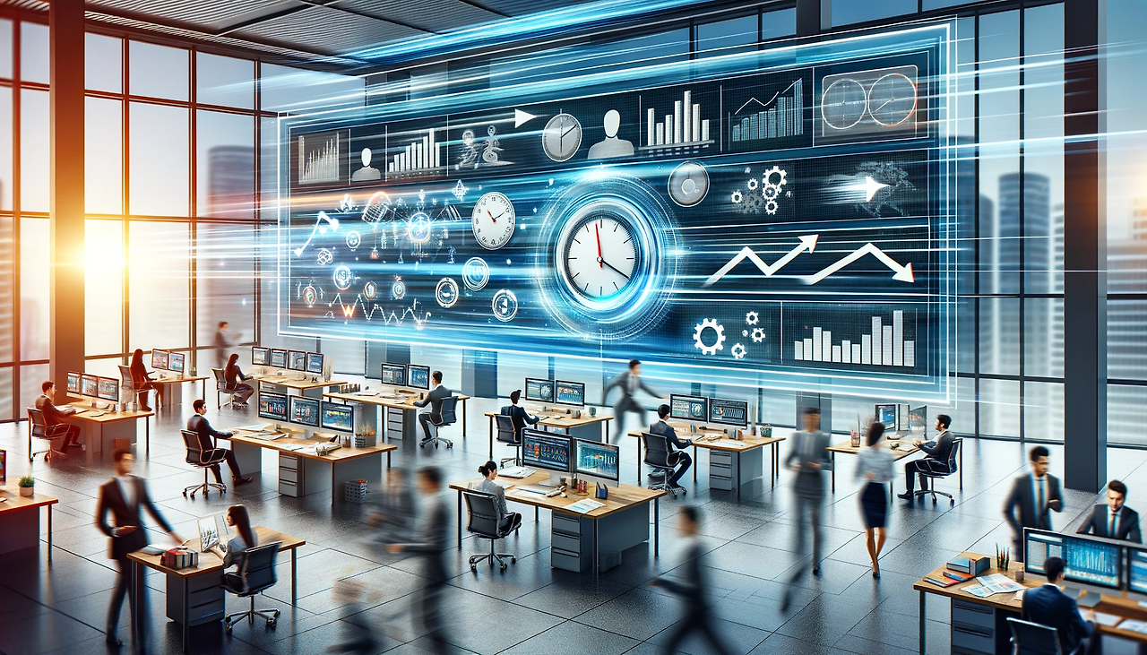 DALL·E 2024-02-01 11.54.54 - An image representing efficient task performance in a corporate setting. The scene should depict a streamlined workflow, with employees efficiently ma.png