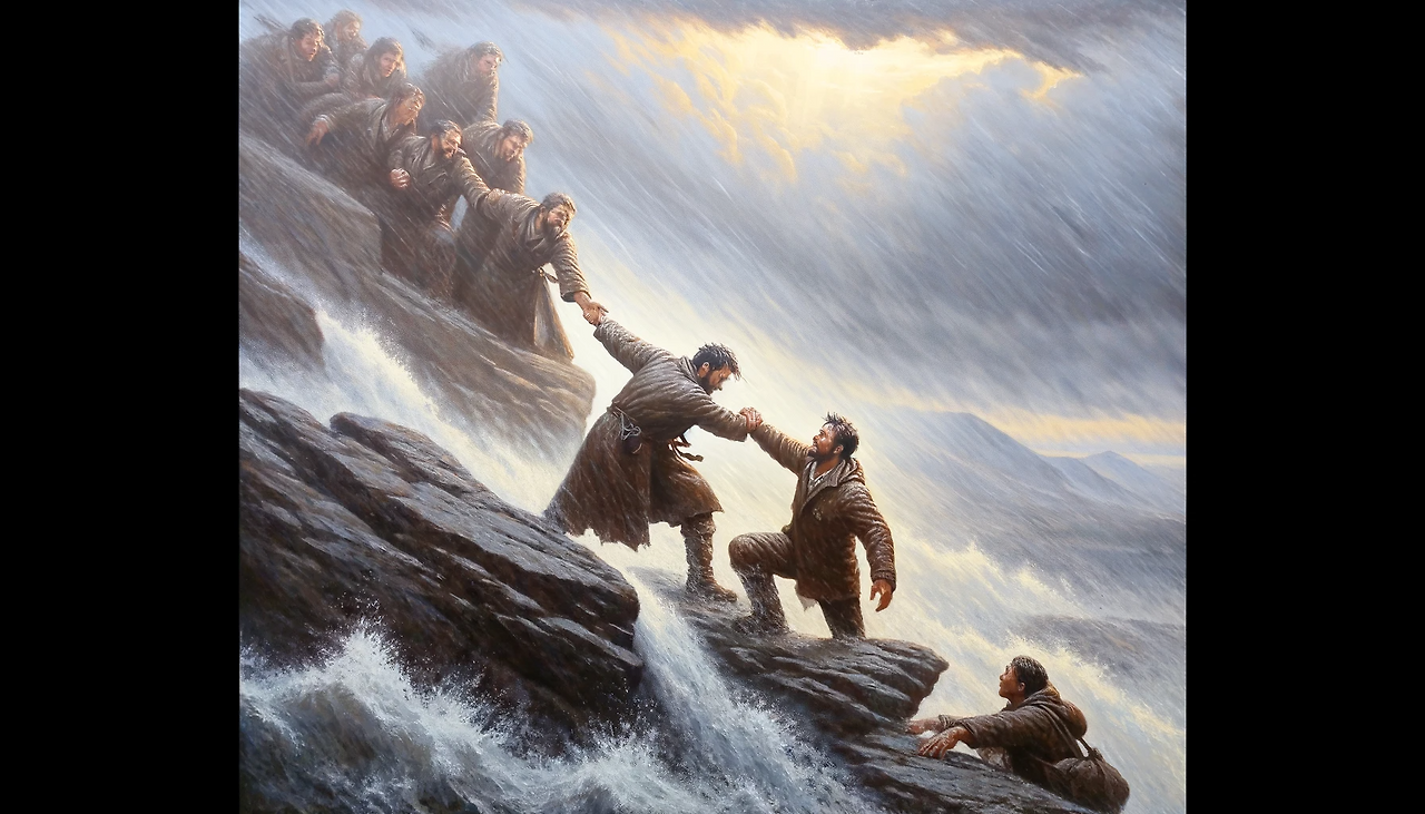 DALL·E 2023-12-17 16.33.39 - A painting in the style of Kim Hong-do, a renowned Korean artist, depicting the moment of realizing true friendship during tough times. The scene shou.png