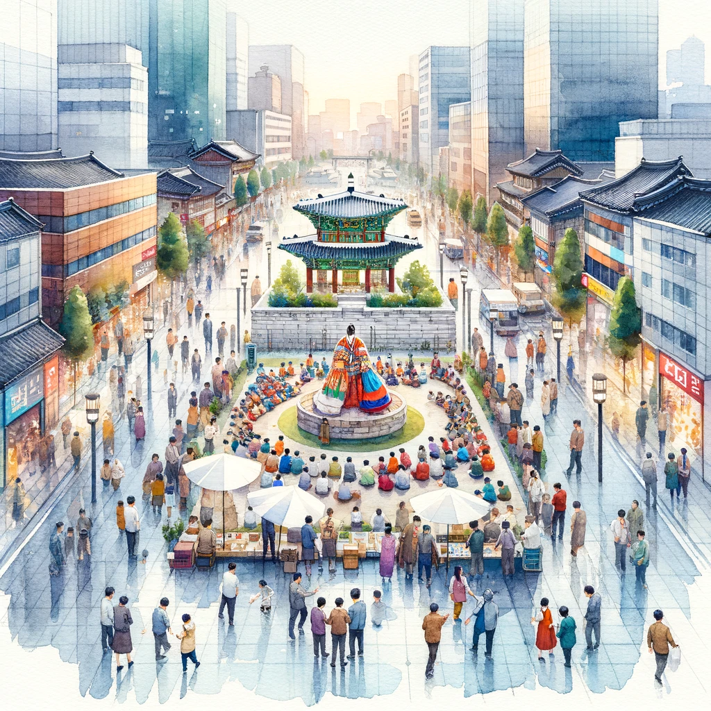 DALL·E 2024-02-02 10.04.50 - A square watercolor painting depicting a vibrant community event in modern Korean society, set in an urban environment. The scene should blend traditi.png