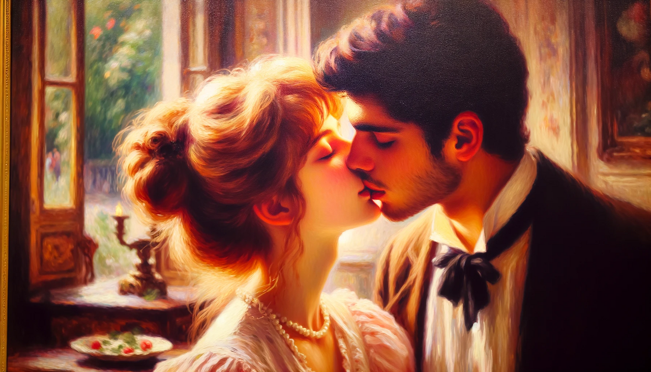 DALL·E 2024-02-01 10.38.44 - A romantic painting in the style of Renoir, showing a couple sharing a kiss with their eyes closed. The setting is intimate, possibly a cozy room or a.png
