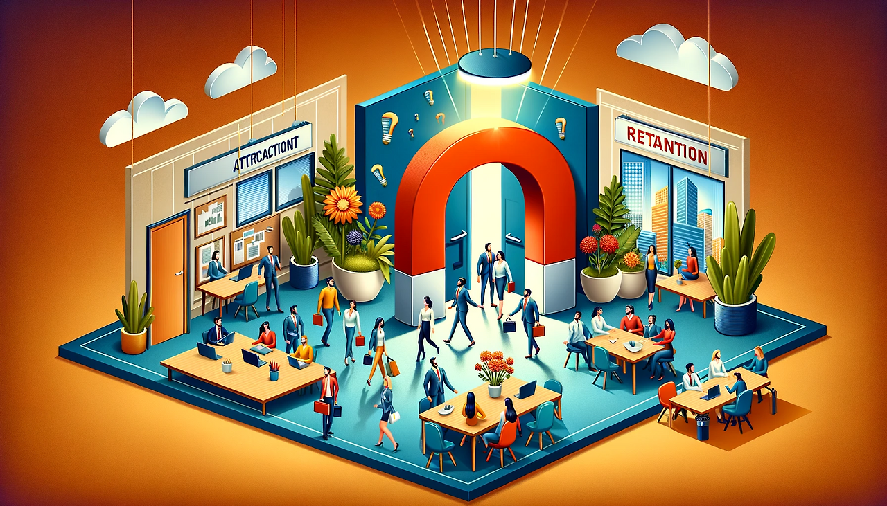 DALL·E 2024-02-01 11.55.15 - An image representing talent attraction and retention in a corporate environment. The scene should depict a vibrant and attractive workplace, with div.png