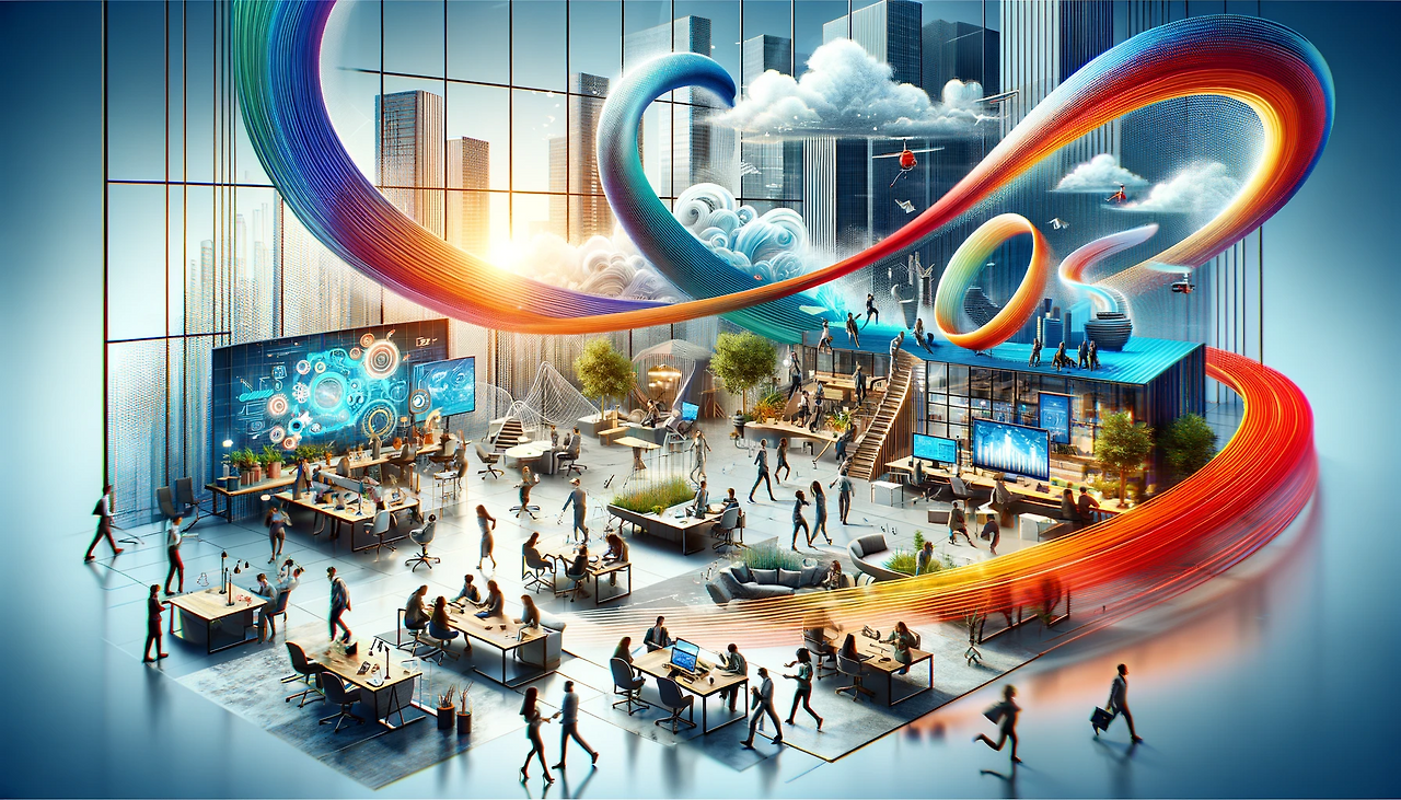 DALL·E 2024-02-01 11.55.07 - An image symbolizing the strengthening of organizational flexibility. The scene should depict a fluid and adaptable workplace, with employees engaging.png