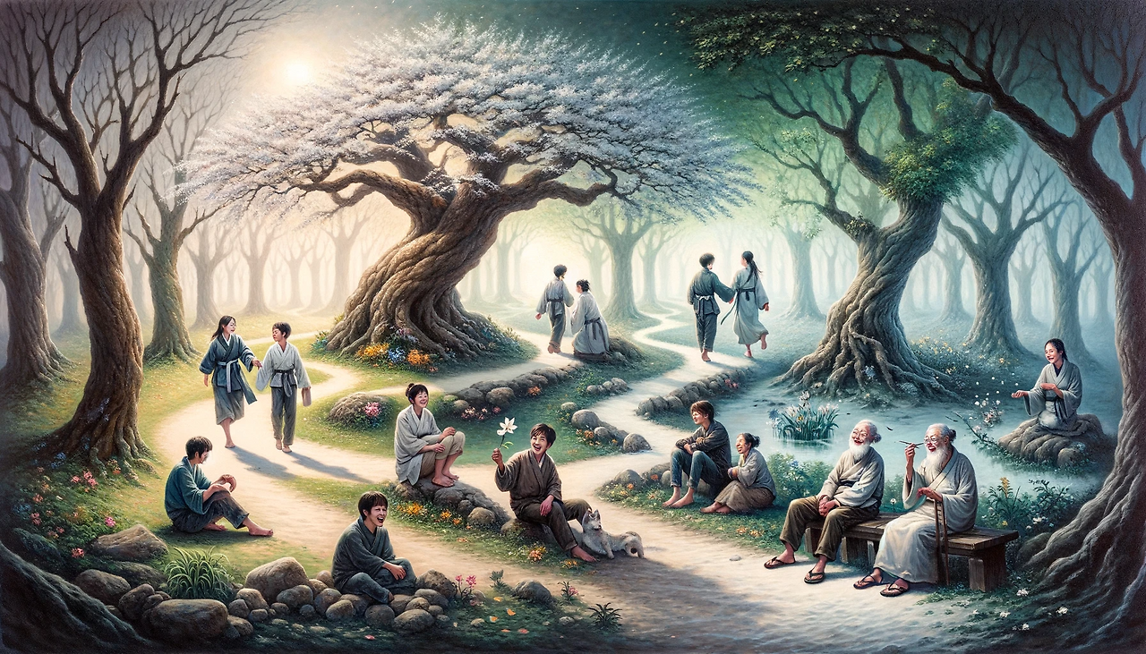 DALL·E 2023-12-17 16.33.28 - A painting in the style of Kim Hong-do, a renowned Korean artist, illustrating the concept of the growth and time in friendship. The scene should depi.png