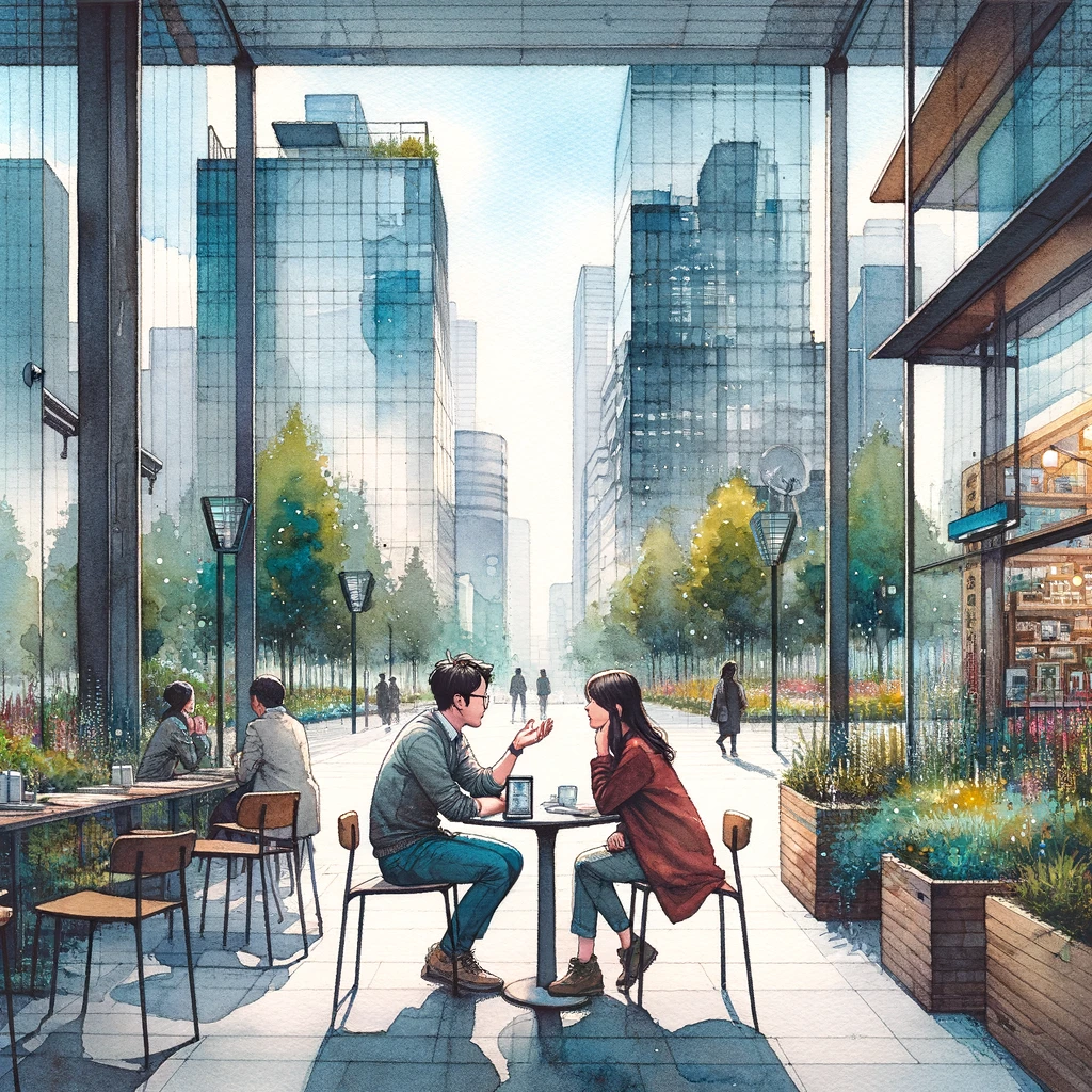 DALL·E 2024-02-02 10.05.15 - A square watercolor painting capturing a moment of empathy and self-reflection in a contemporary Korean setting, illustrating two individuals in a hea.png