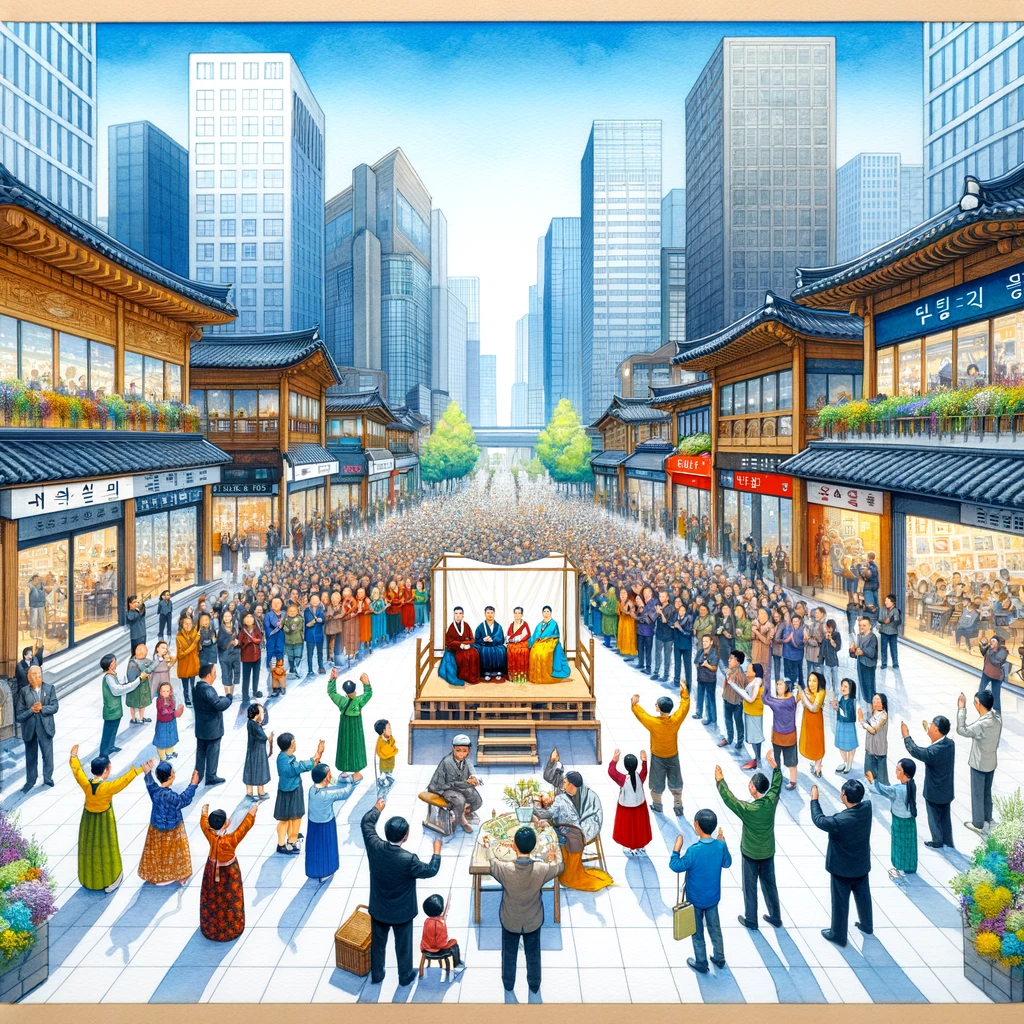 DALL·E 2024-02-02 10.05.20 - A square watercolor painting depicting the positive outcomes of ethical living in a contemporary Korean urban setting. The scene shows a community cel.png